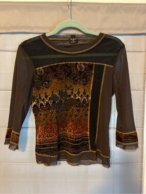 Tribal Brown Velvet Panel Mixed-Media Long Sleeve Top